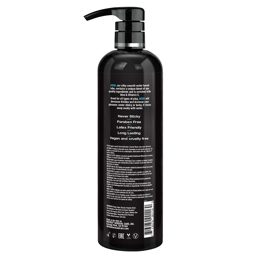 A 16oz bottle of Wicked Aqua water-based personal lubricant with aloe.