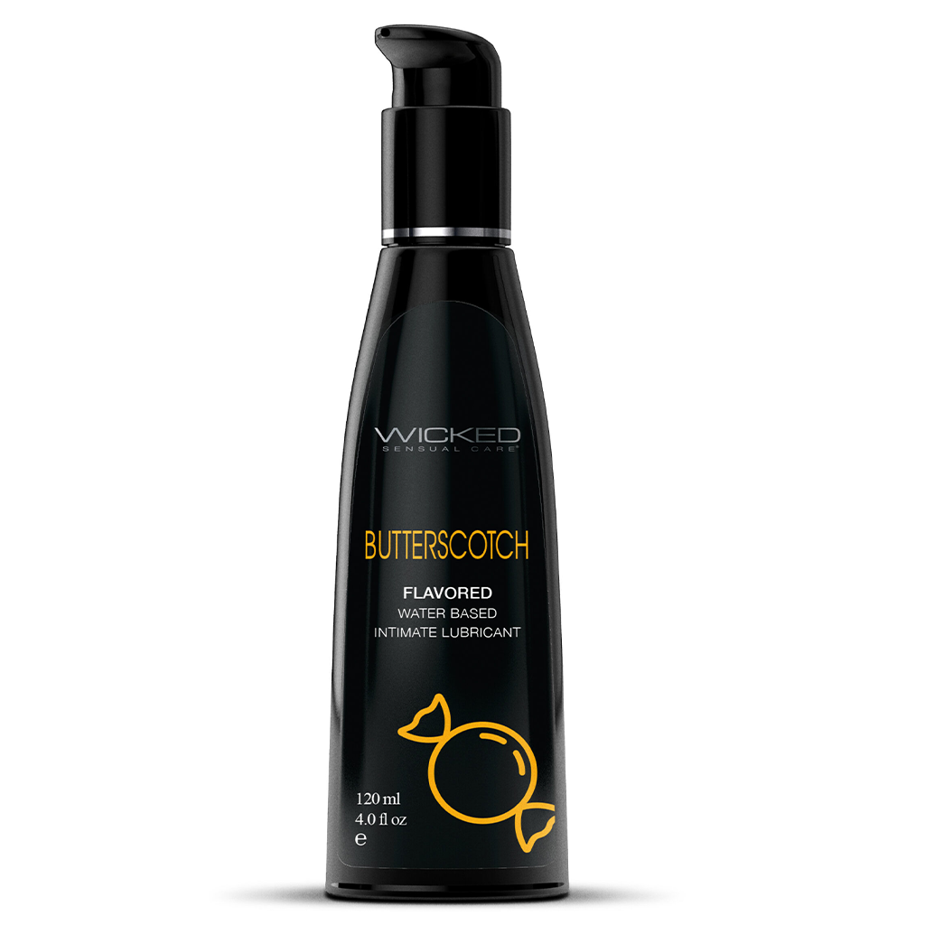 Black bottle of Wicked Butterscotch flavored water-based intimate lubricant.