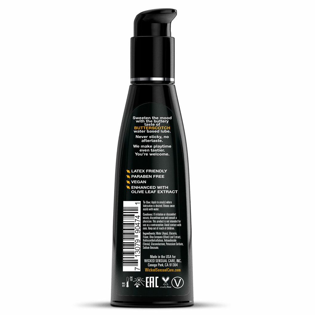 Black bottle with butterscotch flavored water-based lube and product information.