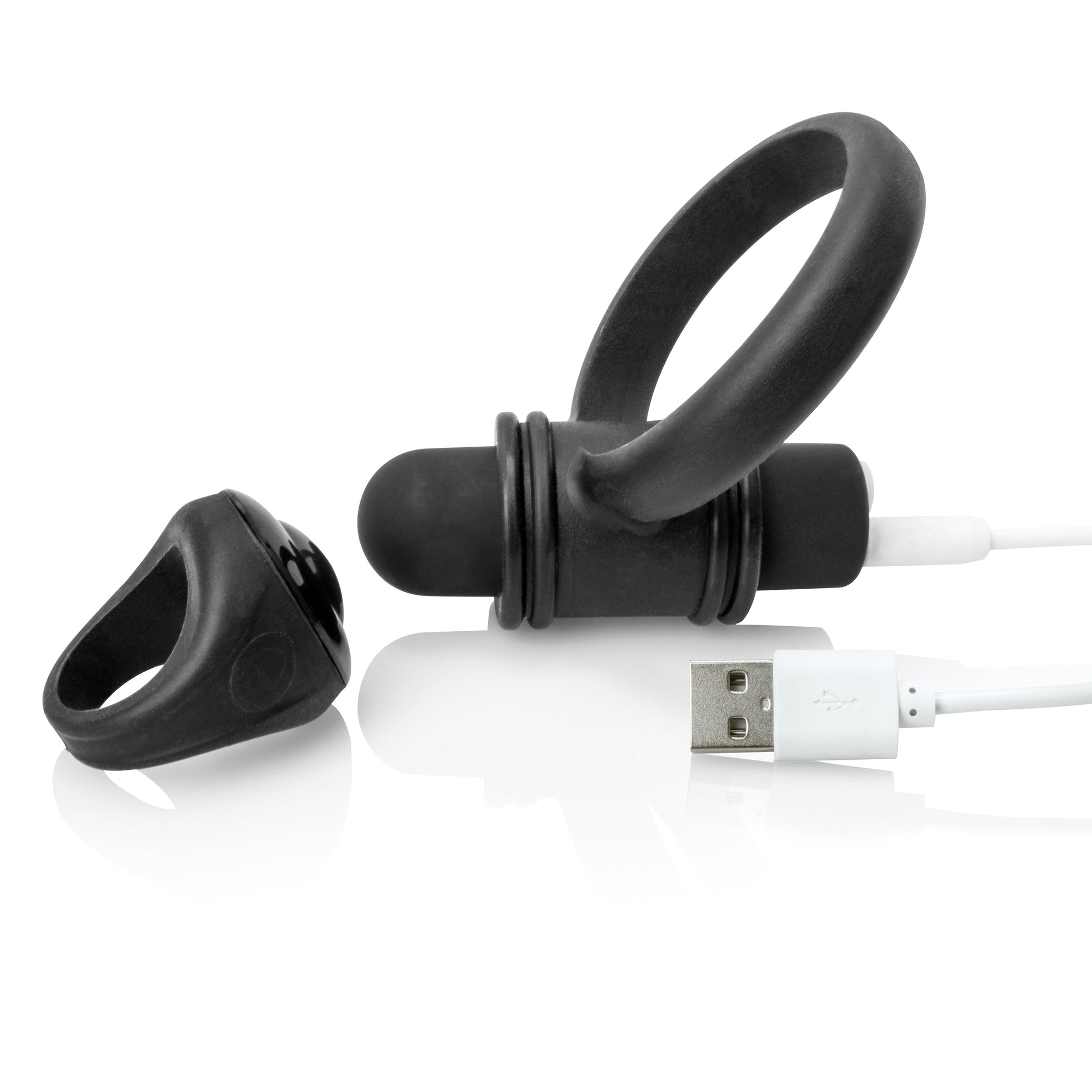 Black rechargeable bullet vibe with ring remote and USB cable.