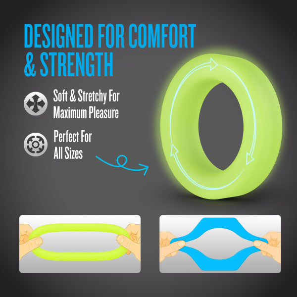 A glow-in-the-dark silicone cock ring designed for comfort and strength.