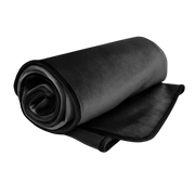 Rolled black waterproof microvelvet throw blanket.