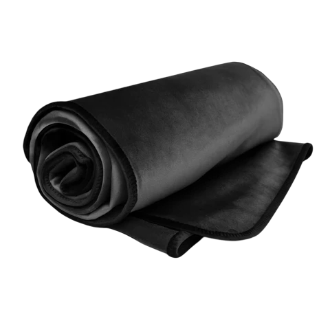 Rolled black waterproof microvelvet throw blanket.