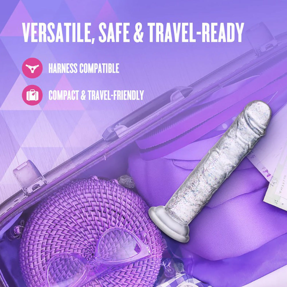 A clear 7-inch dildo with glitter and a suction cup base.