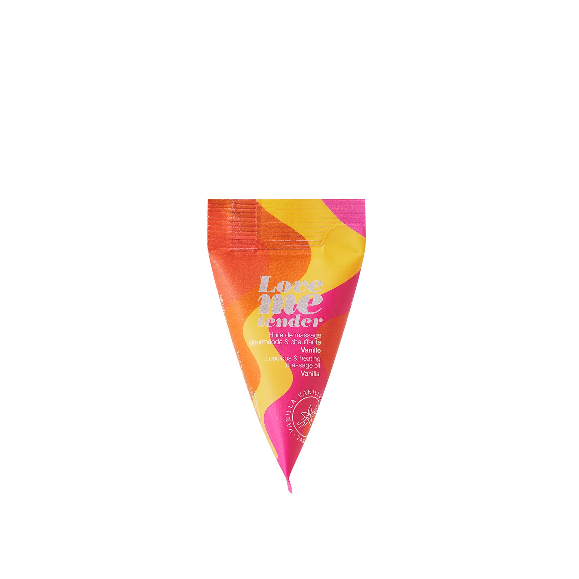 A cone-shaped package of Love Me Tender vanilla warming massage oil.