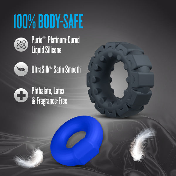 Two silicone cock rings, one smooth and one textured, with body-safe features.