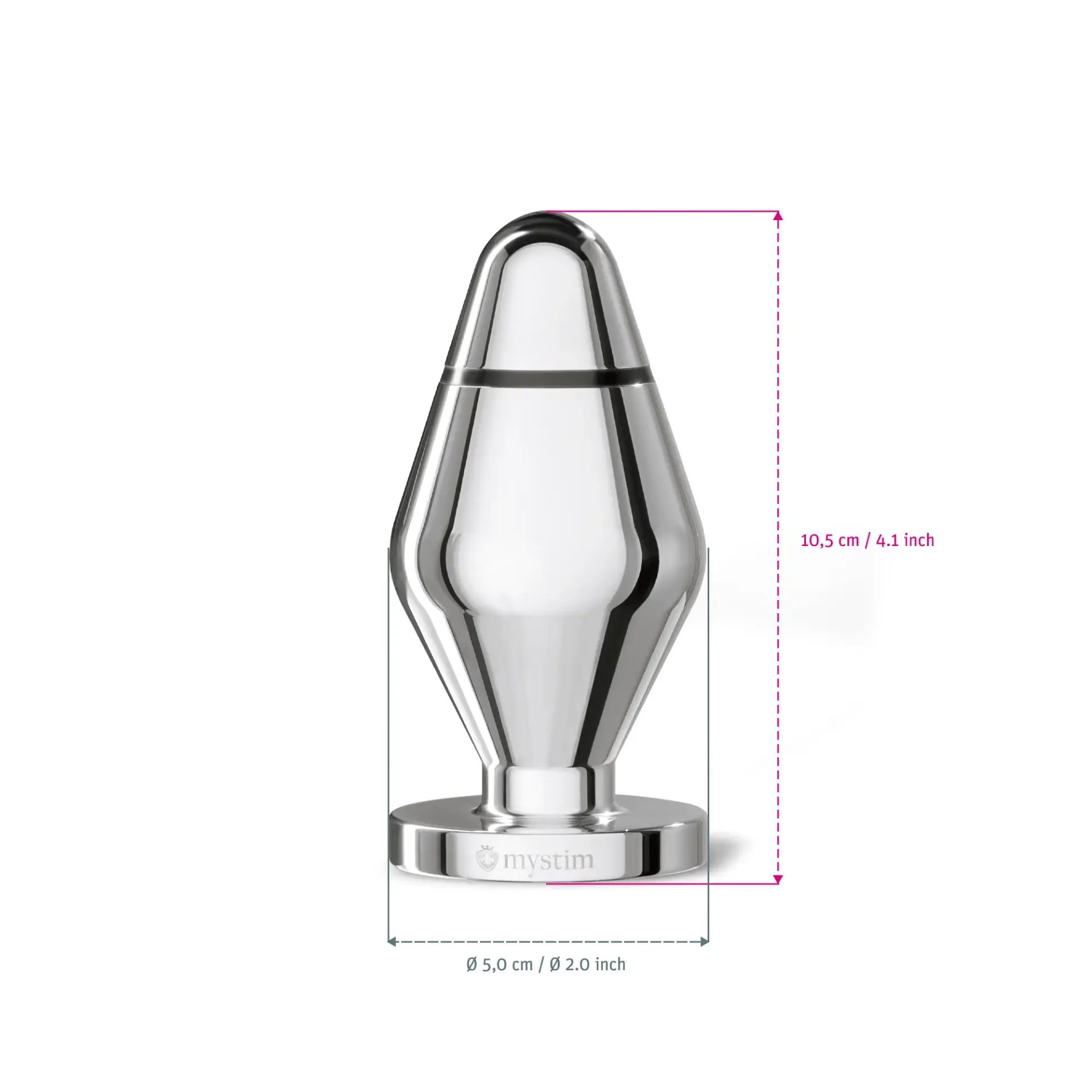 A metallic anal plug with a tapered shape and a base, measuring 10.5 cm in length and 5 cm in diameter.