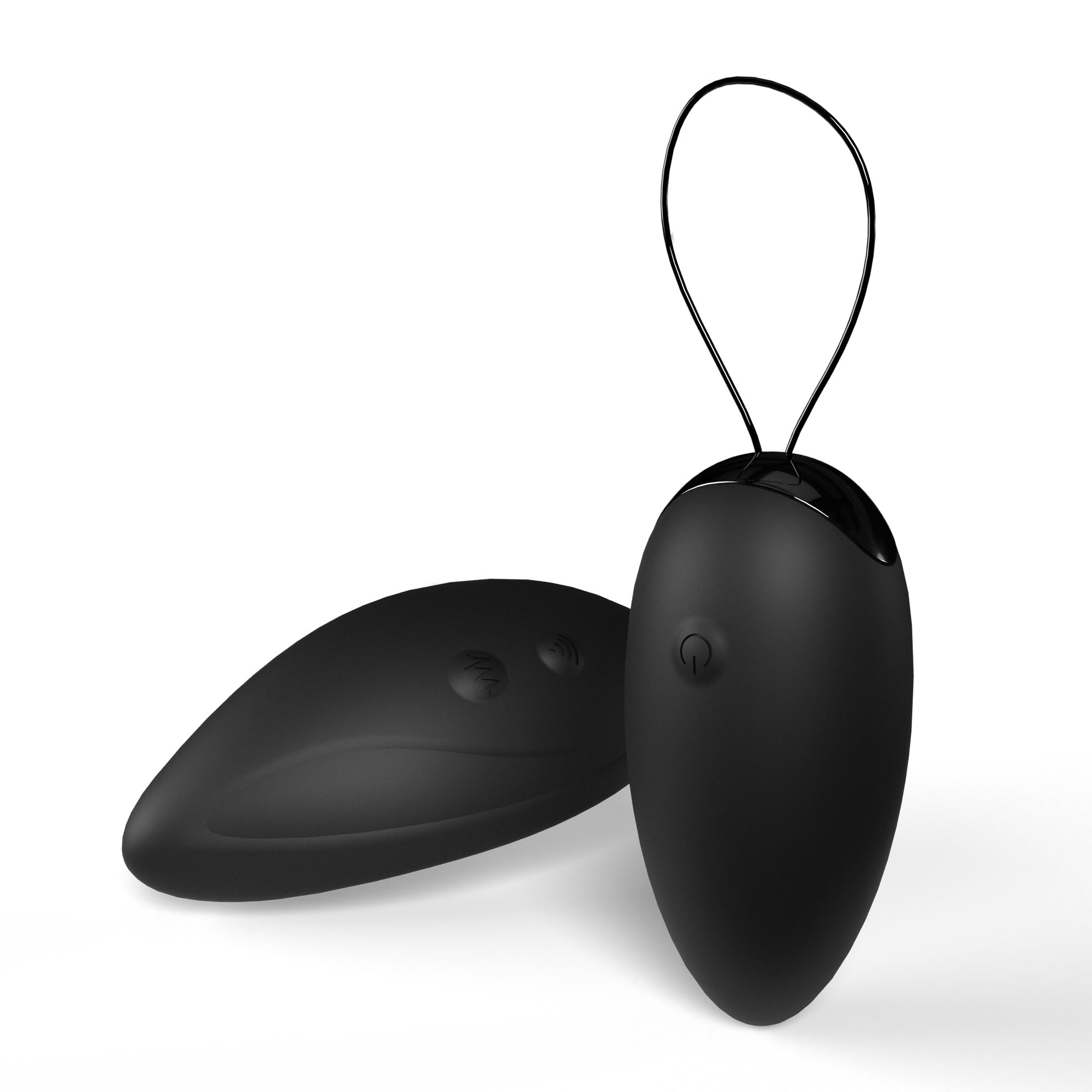 Two black silicone vibrating eggs, one with a remote and loop, on a white background.