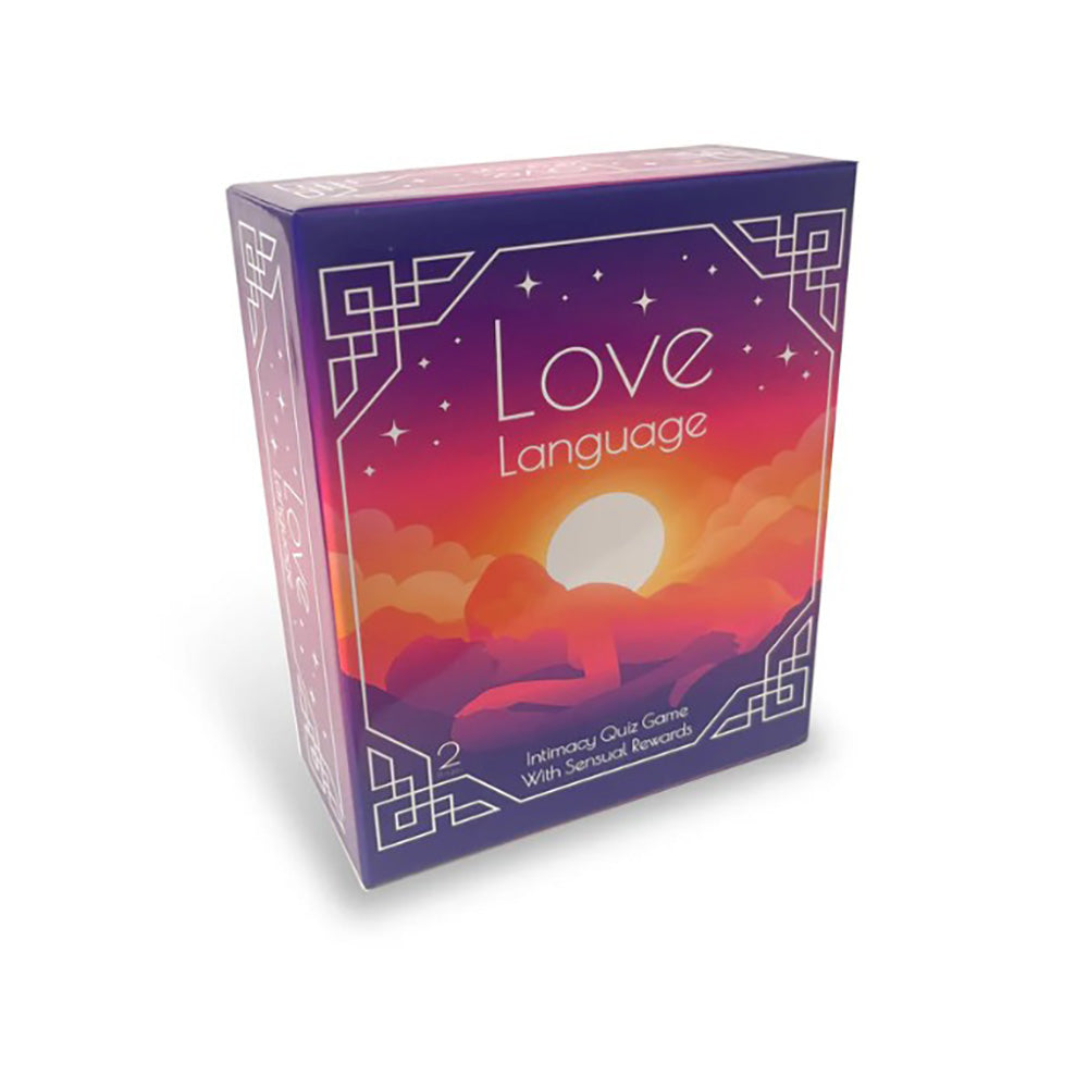 A box for the Love Language intimacy quiz game featuring a sunset and silhouetted couple.