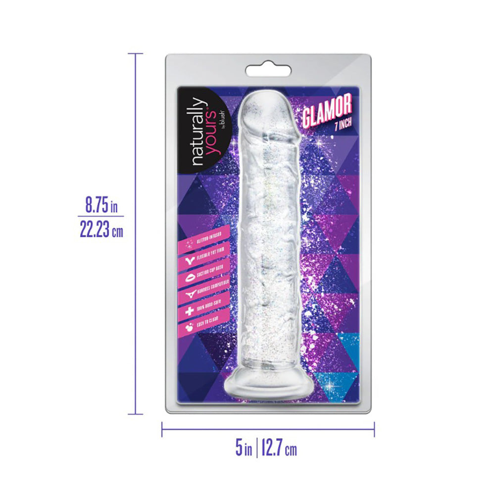 A clear, glitter-infused 7-inch dildo with a suction cup base.