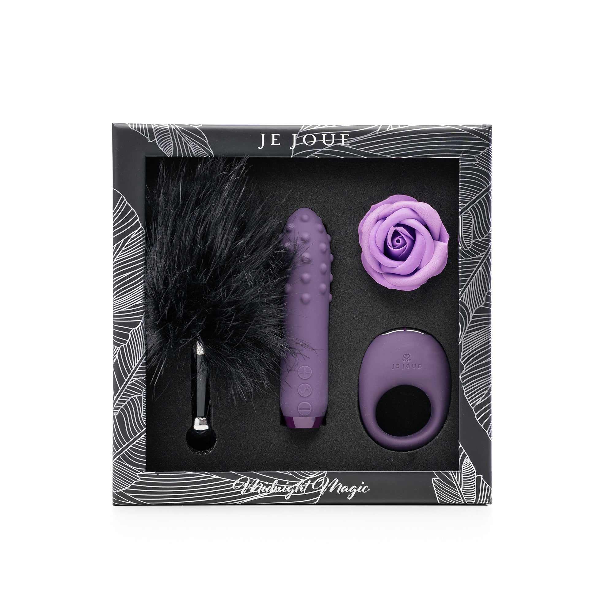 A gift set with a purple vibrator, feather tickler, rose, and ring.