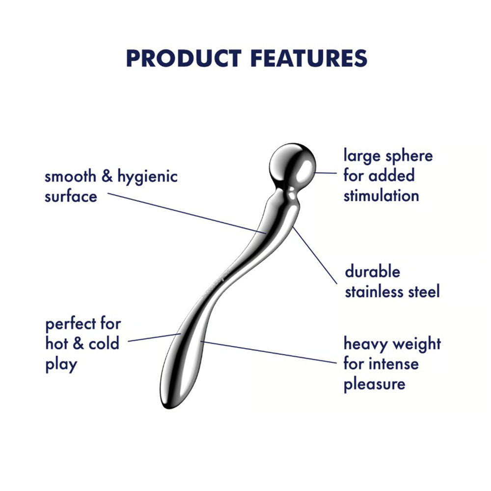 Curved stainless steel stimulator with a sphere tip, smooth surface, and ergonomic design.