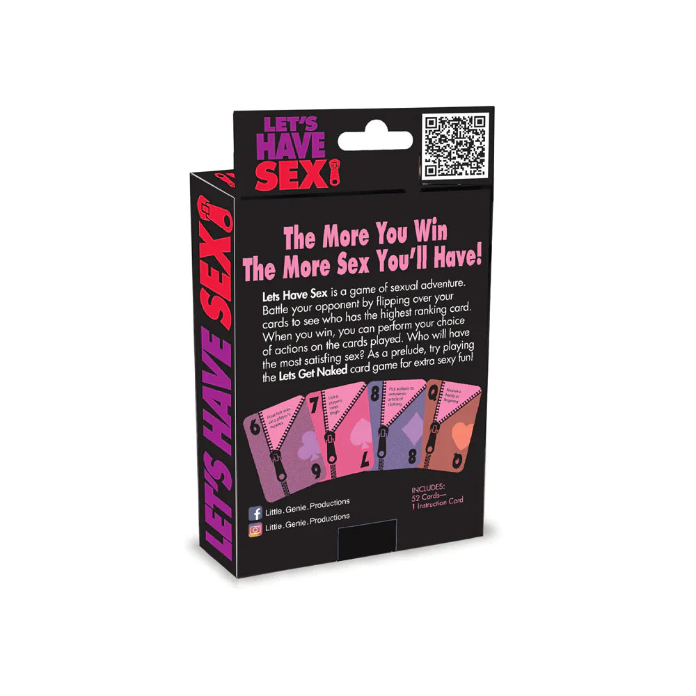 A box for the Lets Have Sex card game, featuring zipper graphics and card numbers.