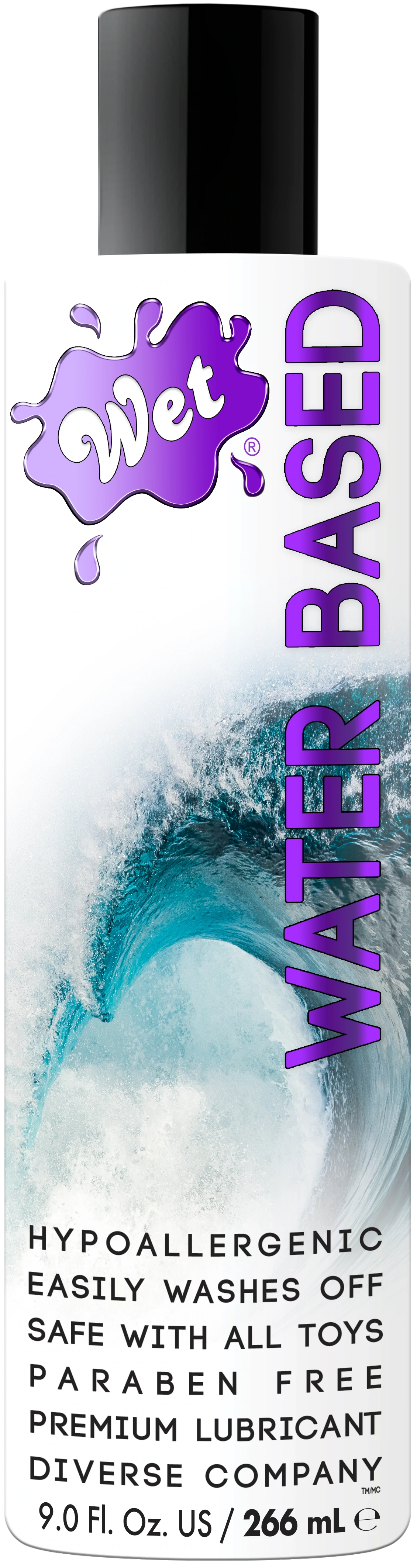 Wet brand water-based lubricant with a wave graphic.