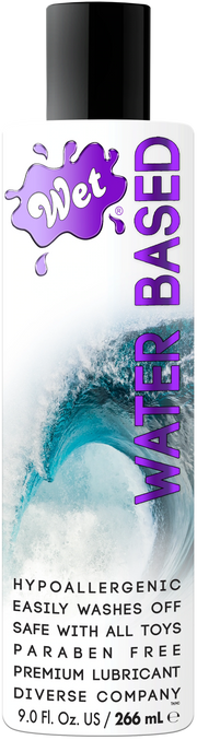 Wet brand water-based lubricant with a wave graphic.