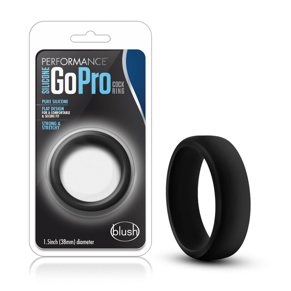 Black silicone cock ring with "GoPro" branding on packaging.