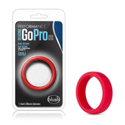 Red silicone cock ring with flat design and blush branding.