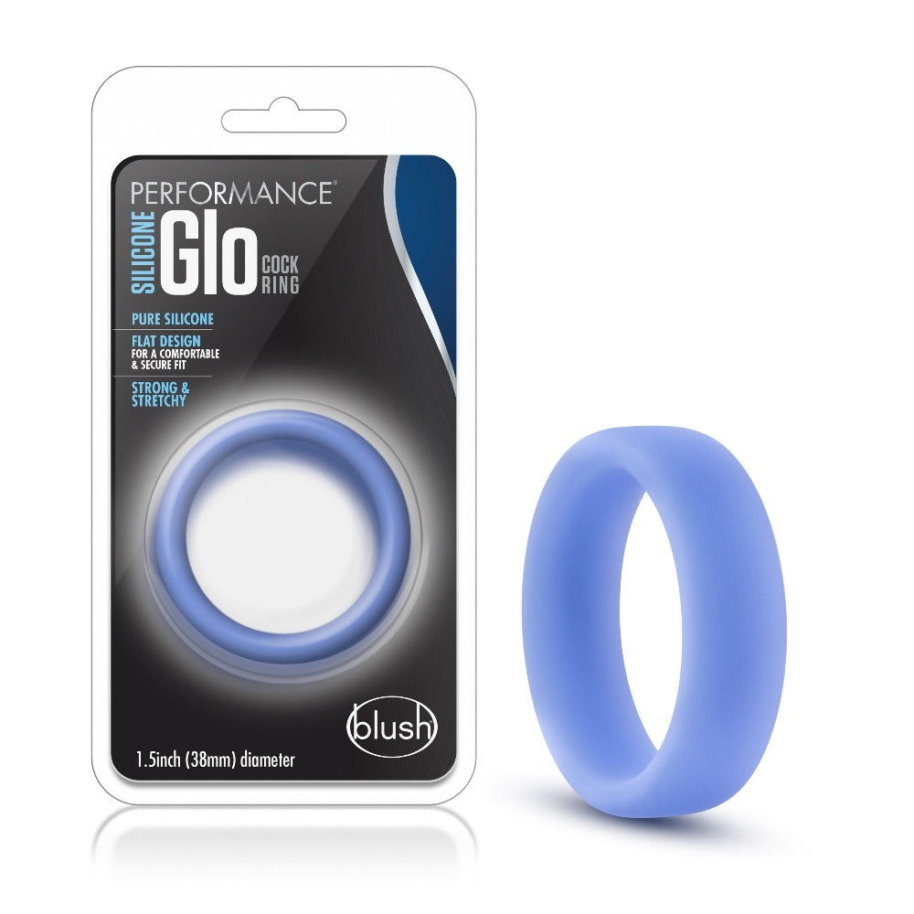 A blue silicone cock ring with a flat design, shown in packaging and on its own.