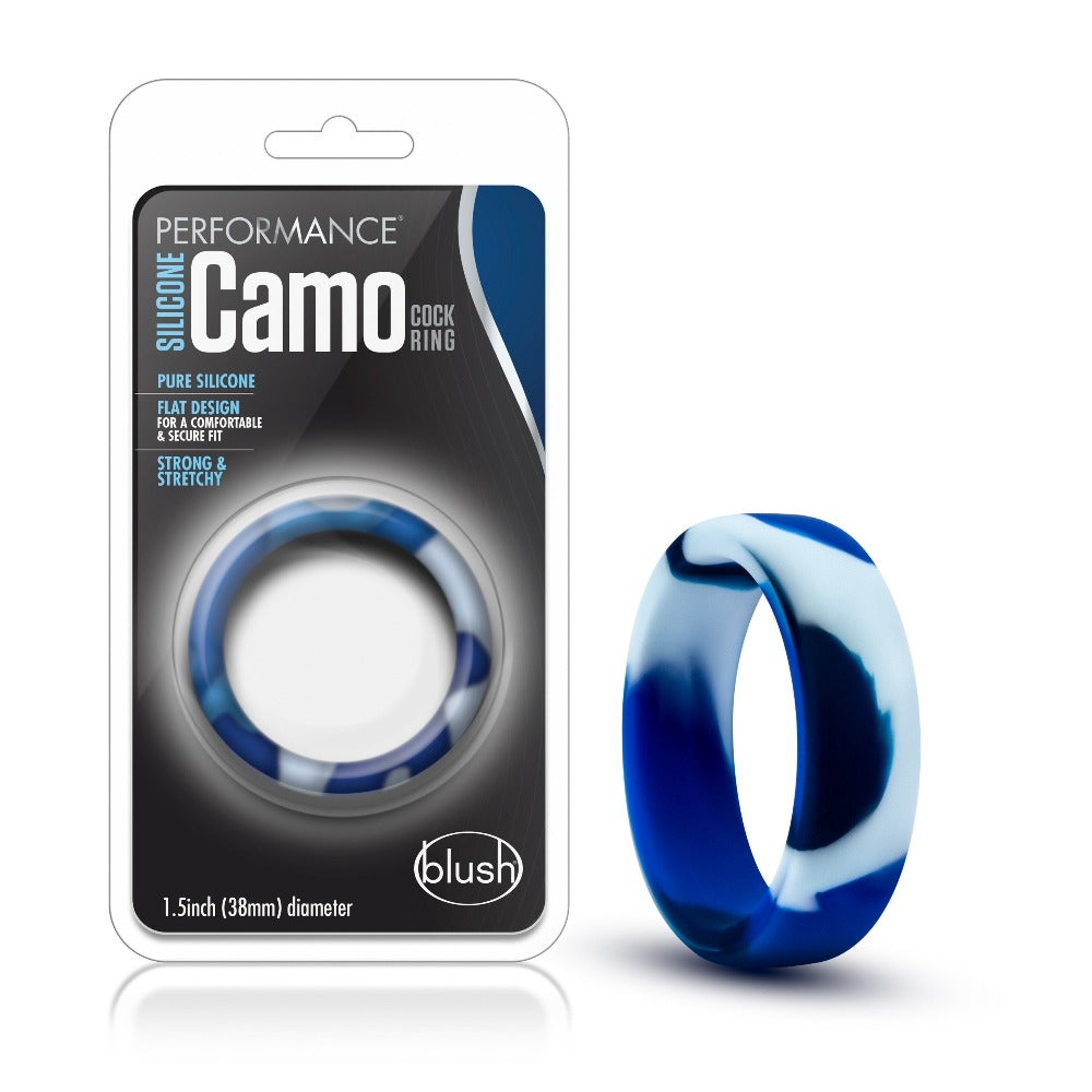Blue and white camouflage silicone cock ring.