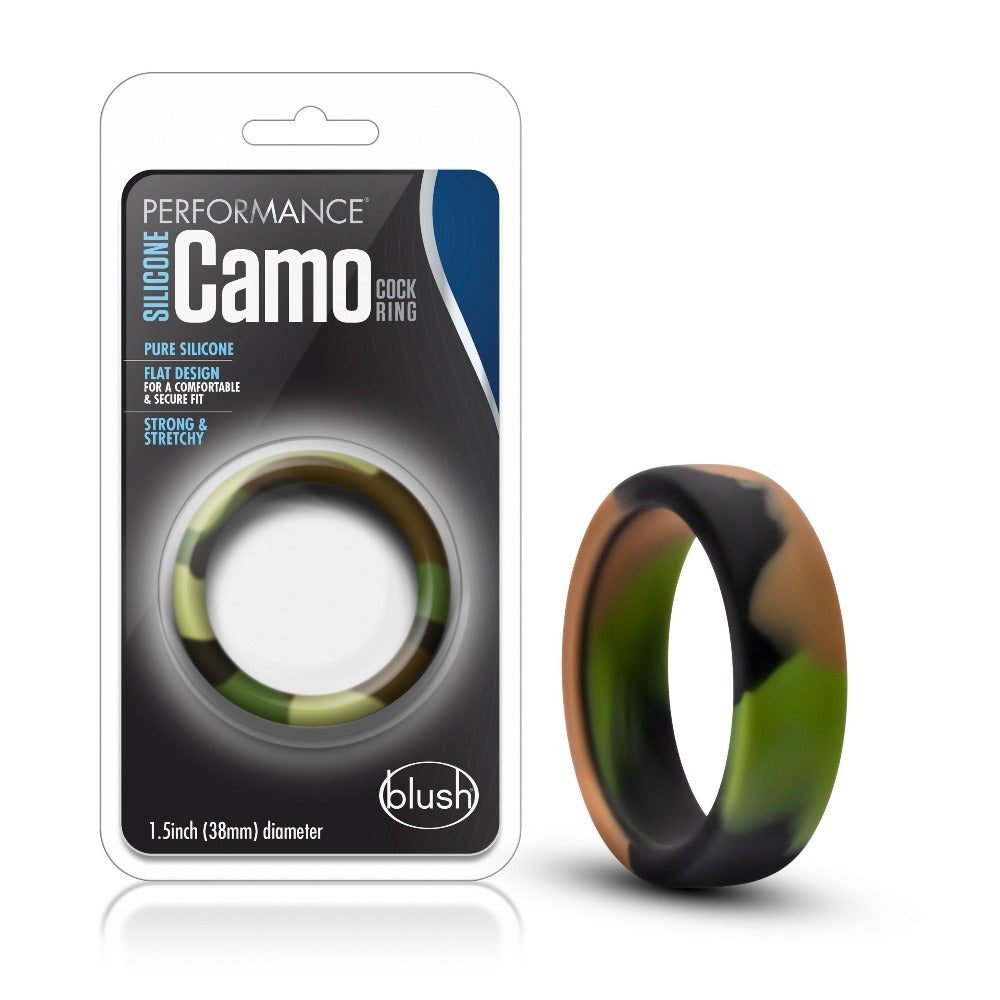 Silicone camo cock ring with a camouflage pattern.