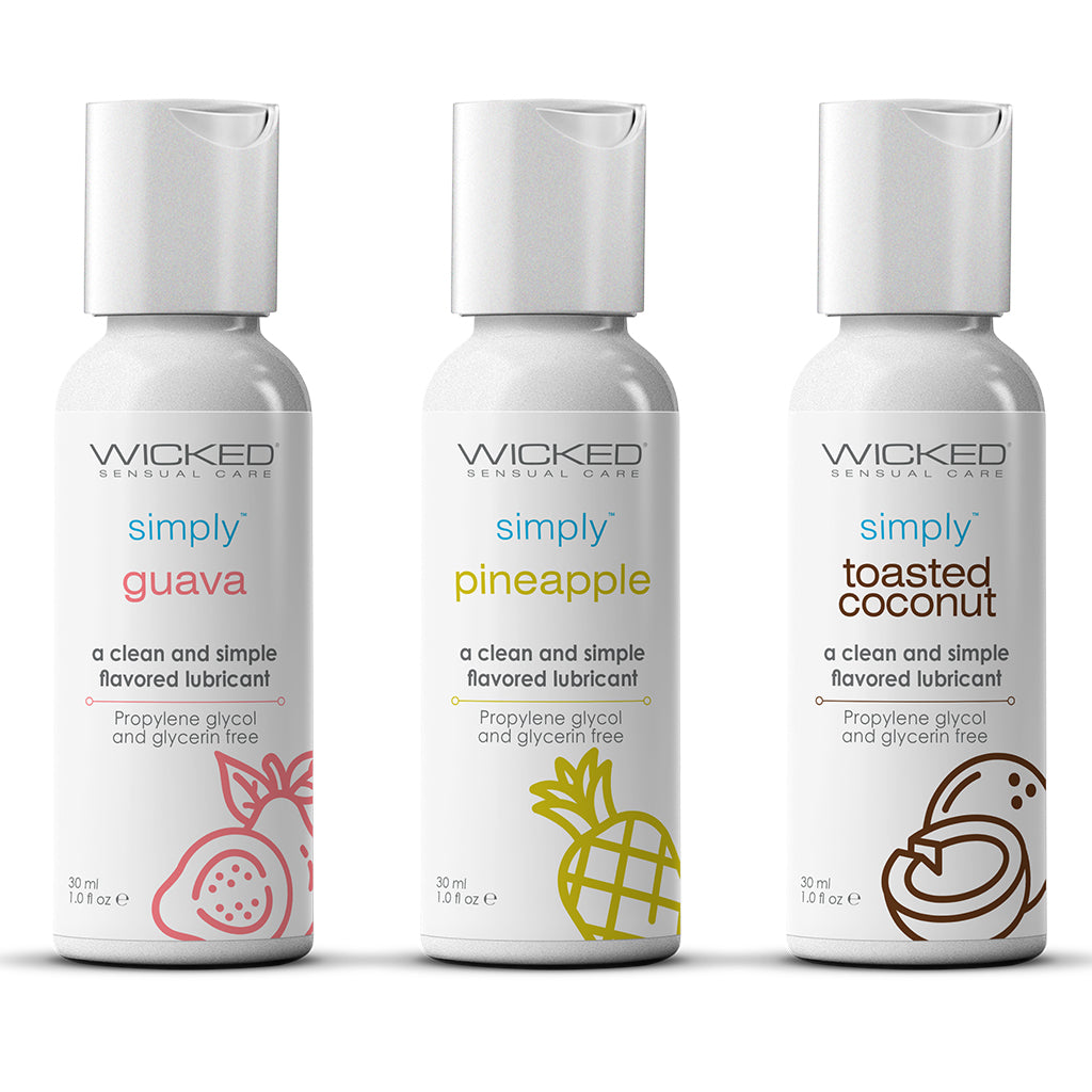 Three bottles of Wicked Simply flavored water-based lube in Guava, Pineapple, and Toasted Coconut.