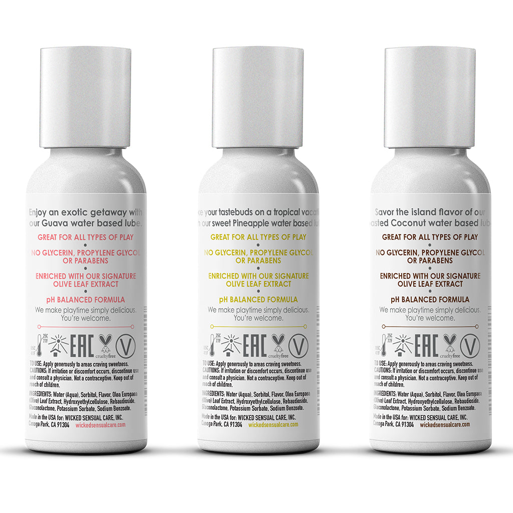 Three bottles of flavored water-based lube: Guava, Pineapple, and Toasted Coconut.