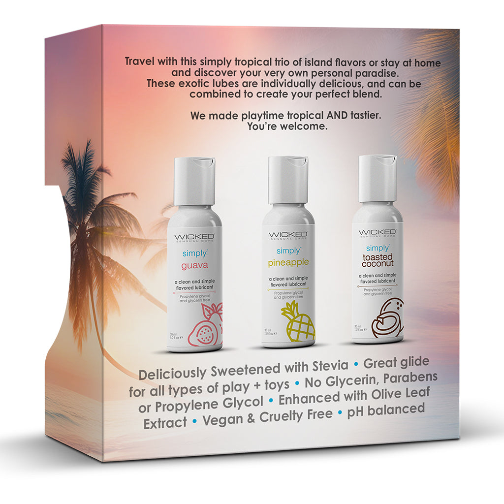 Three bottles of Wicked brand flavored water-based lube in guava, pineapple, and toasted coconut.