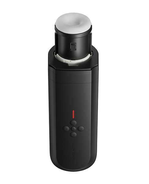 App-controlled black male masturbator with a white opening and control buttons.