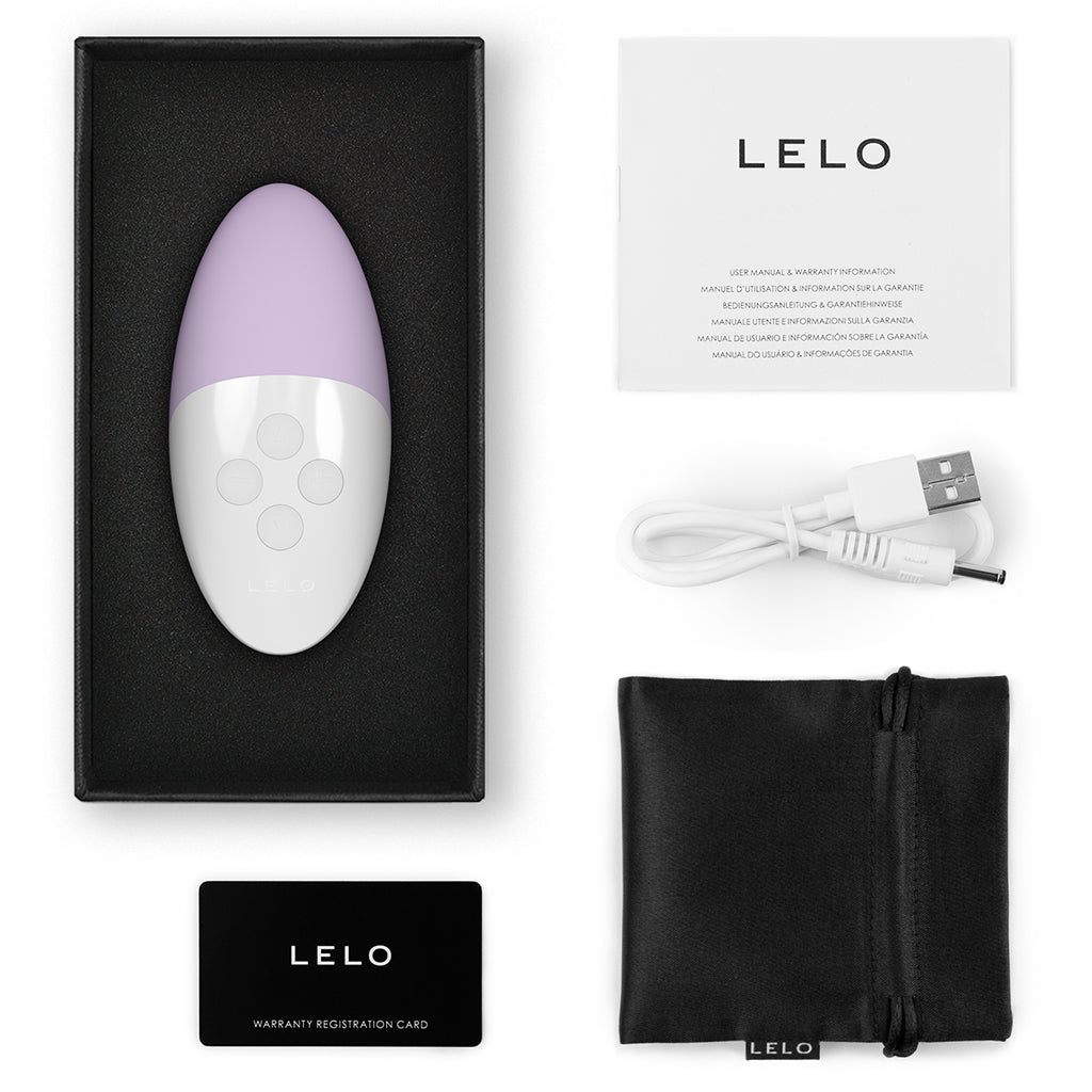 A lavender Lelo vibrator with a USB cable, manual, and storage pouch.