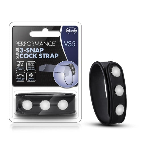 Black silicone cock strap with three white snaps and adjustable fit.