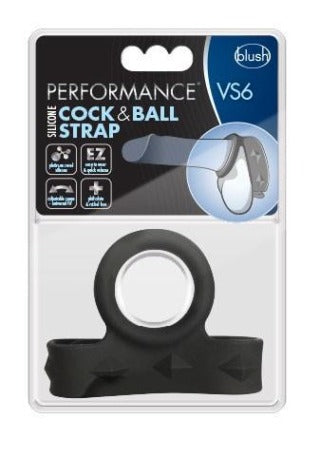 Black silicone cock and ball strap with a ring and three snaps.