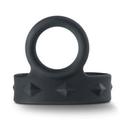 Black silicone cock and ball strap with raised diamond pattern.
