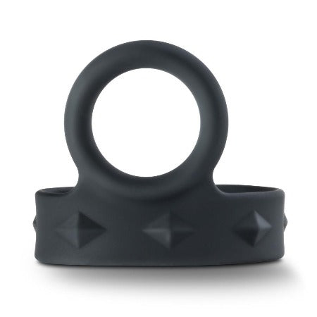 Black silicone cock and ball strap with raised diamond pattern.