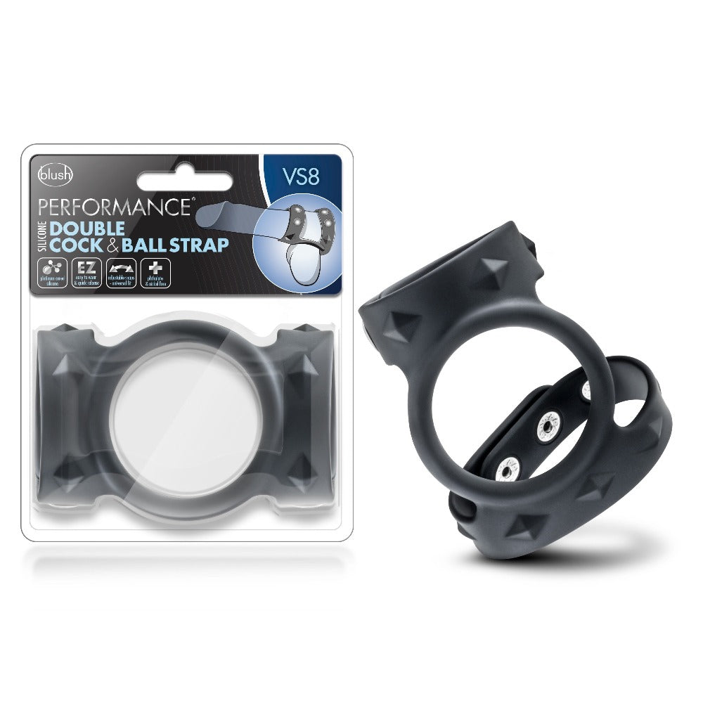 Black silicone double cock and ball strap with adjustable snaps.