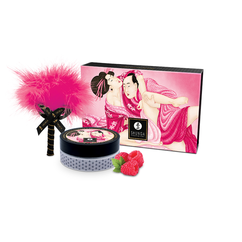 Raspberry flavored body powder with a pink feather and raspberries.