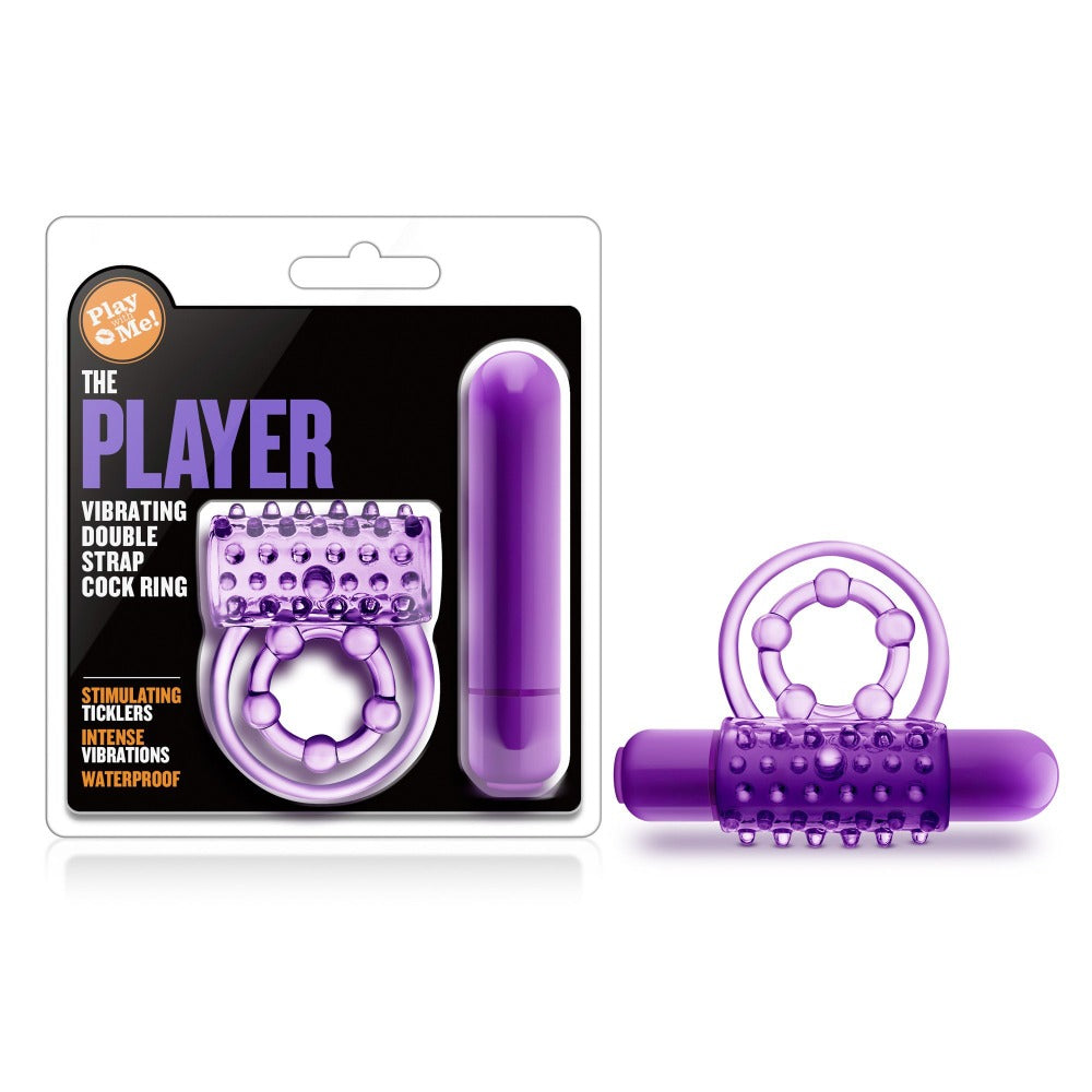 Purple vibrating double strap cock ring with a removable bullet.
