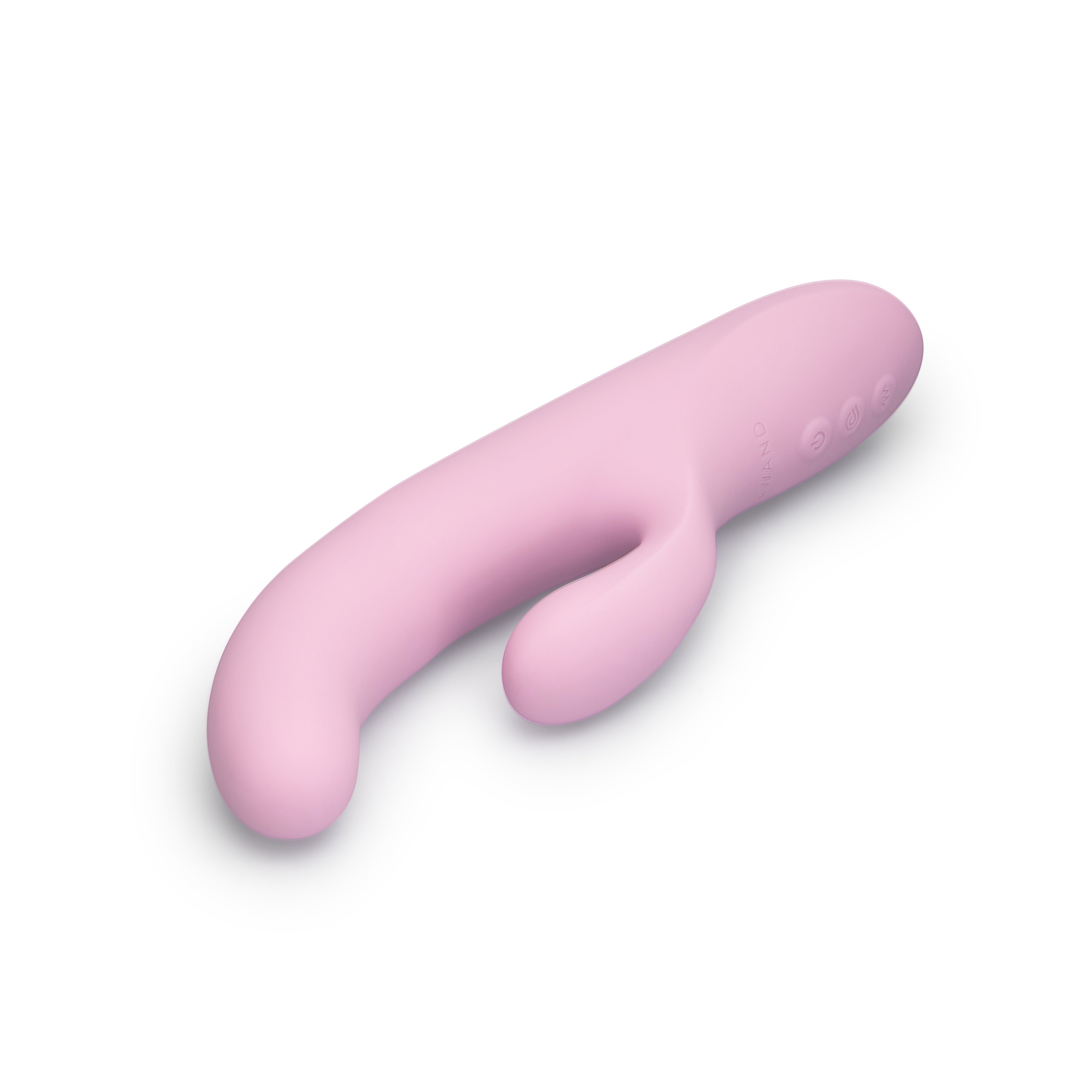 A pink silicone rabbit vibrator with buttons on the handle.