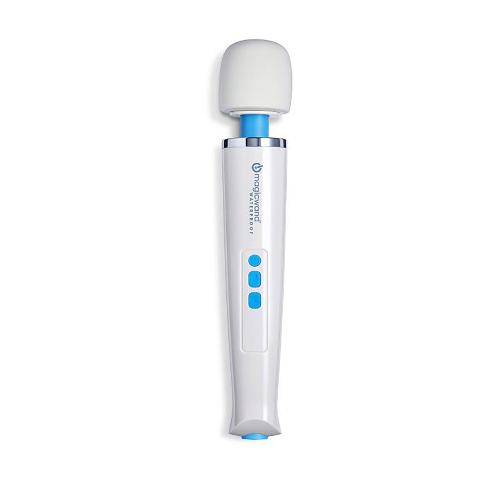 Magic Wand Waterproof Rechargeable massager with a white body and blue accents.
