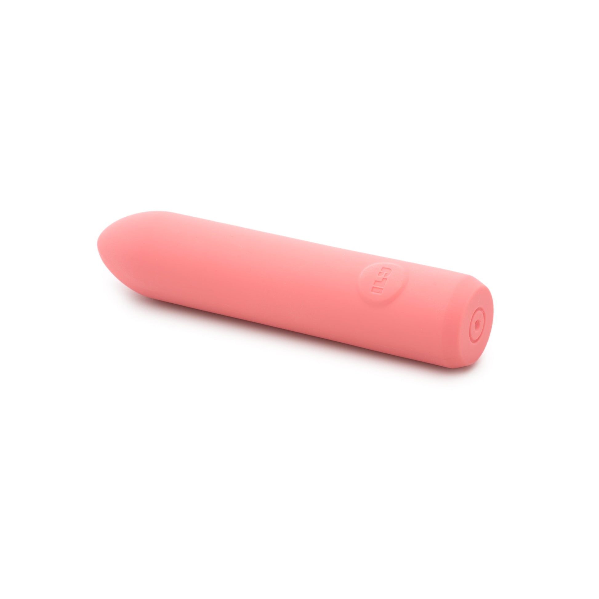 A pink rechargeable bullet vibrator with a power button.