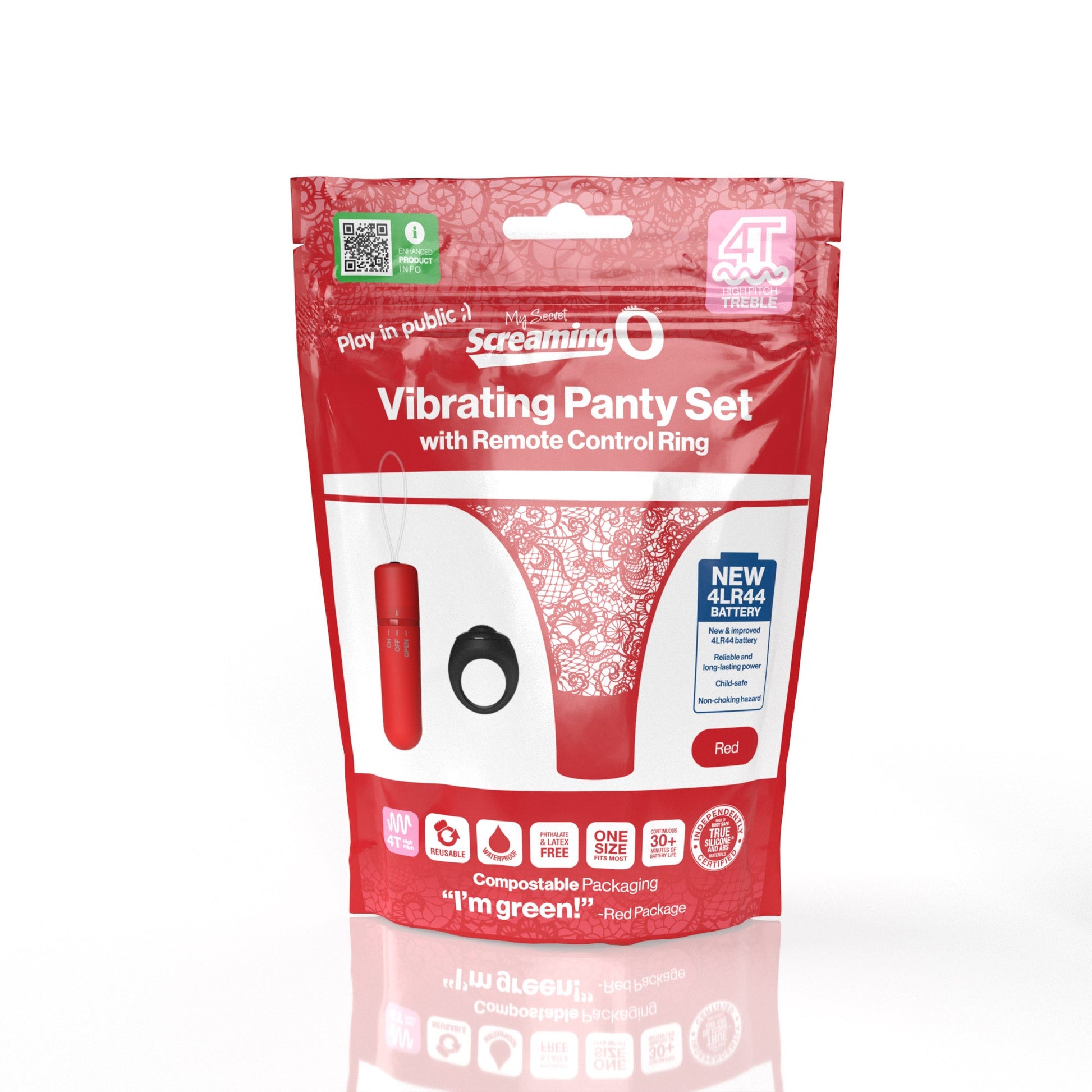 Red panty vibrator set with remote control ring and lace detail.