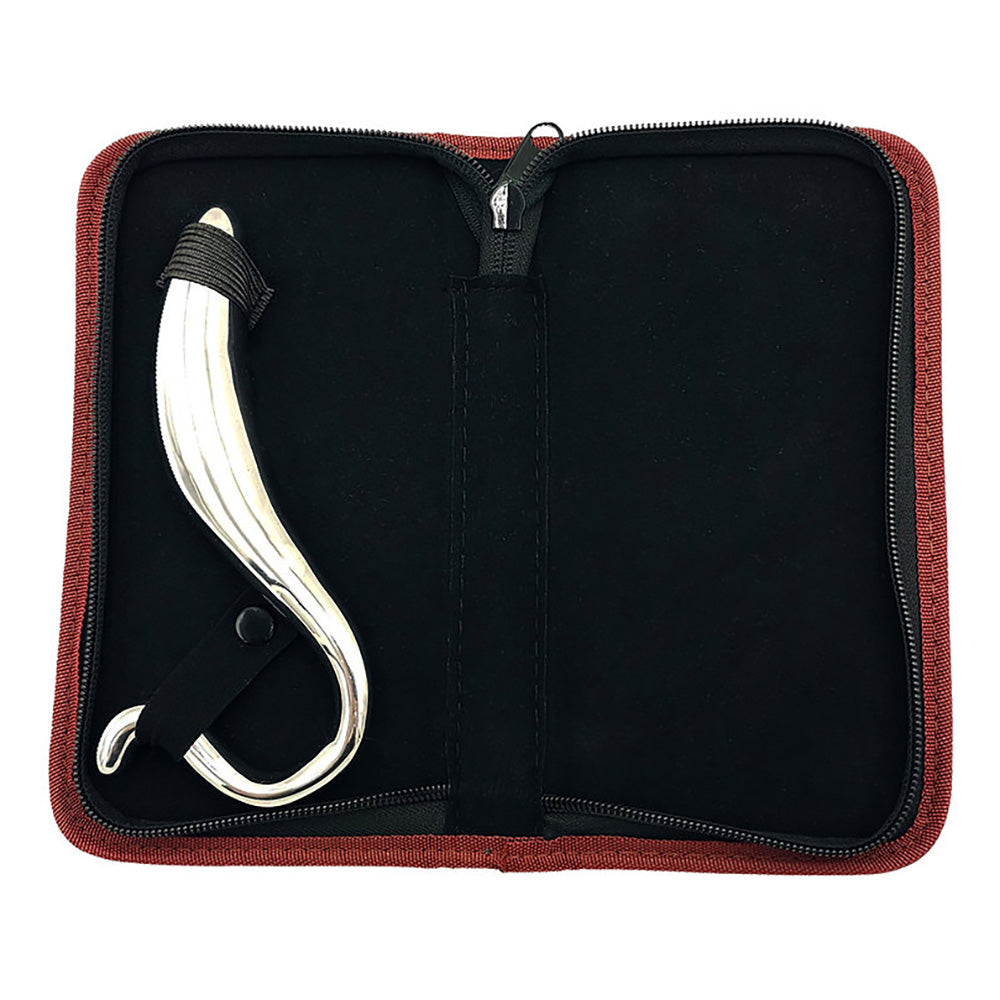 Curved stainless steel hollow wand massager in a burgundy case.