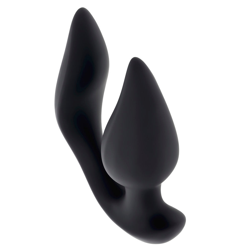 Black silicone dual motor plug with a curved handle.