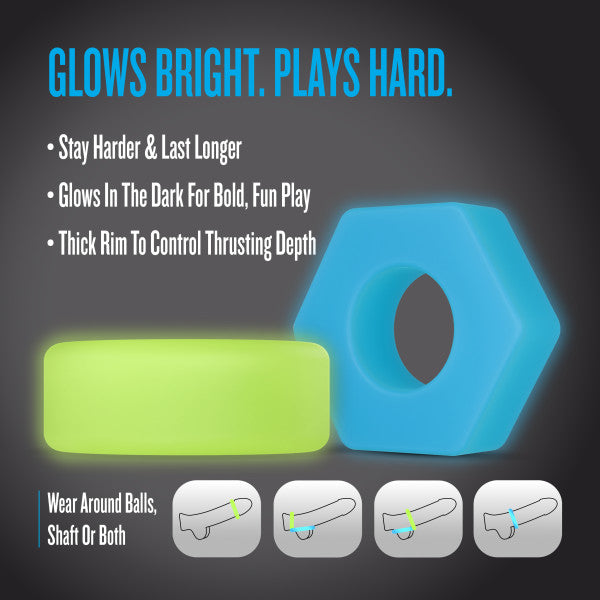 Glow in the dark silicone cock rings in green and blue.