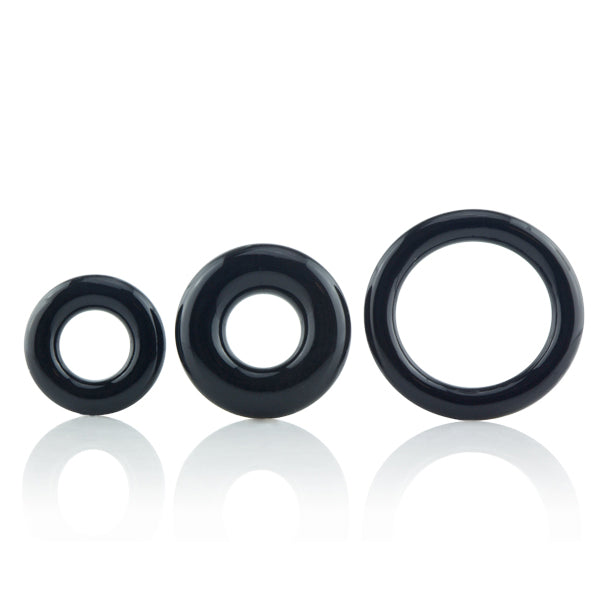 Three black stretchy cock rings of varying sizes.