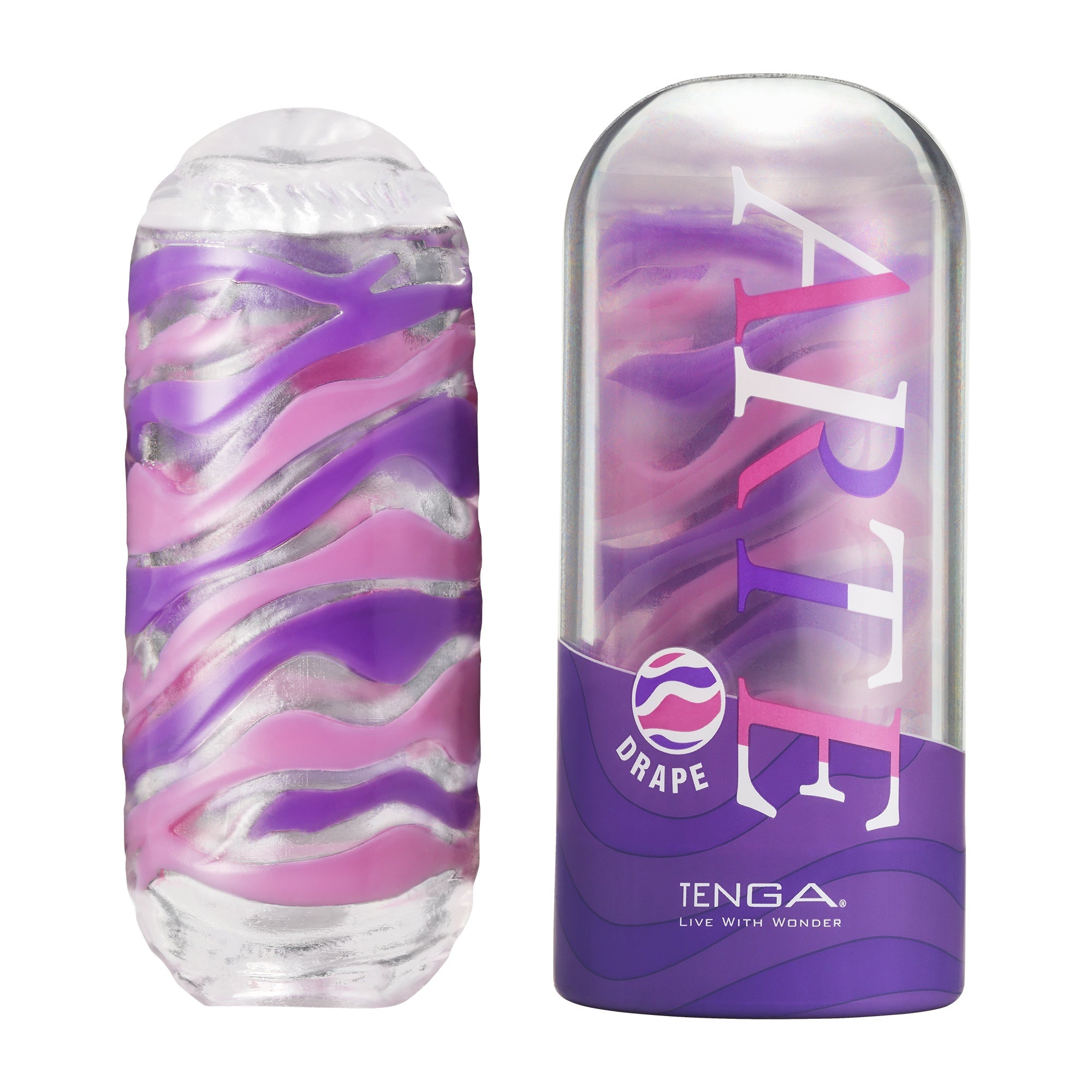 Tenga Arte Series Drape male masturbator with purple and pink wavy texture.