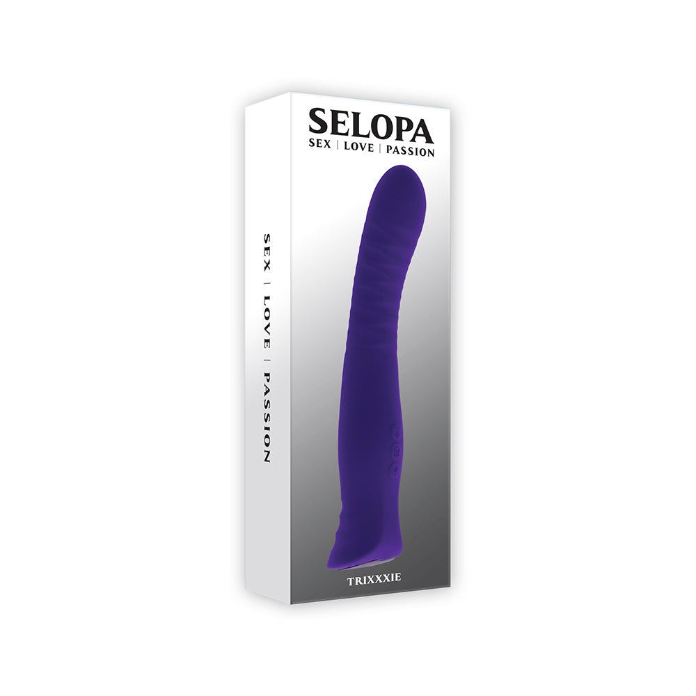 A purple textured vibrator on a white box with brand name Selopa.