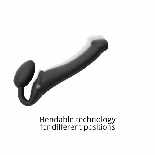 A black bendable strap-on with a curved design and a bulbous end.