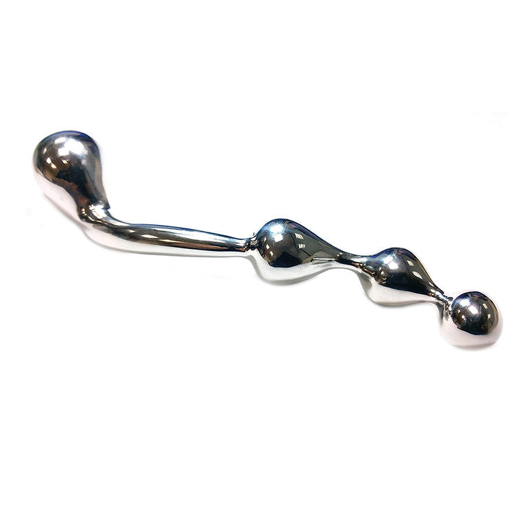 Curved stainless steel prostate probe with four textured balls.