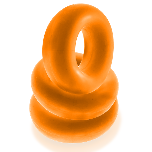 Three orange, stretchy, jumbo cock rings stacked on a white background.