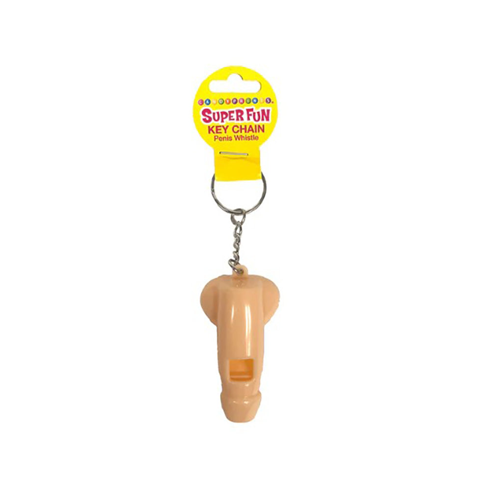A penis-shaped whistle keychain with a yellow "Super Fun Key Chain" tag.